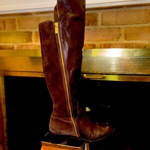 Michael Kors Brown Leather Boots Over The Knee With Soft Suede Back Calf
